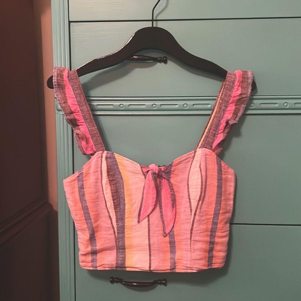 BP pastel striped linen crop top w/ ruffle straps - size XS